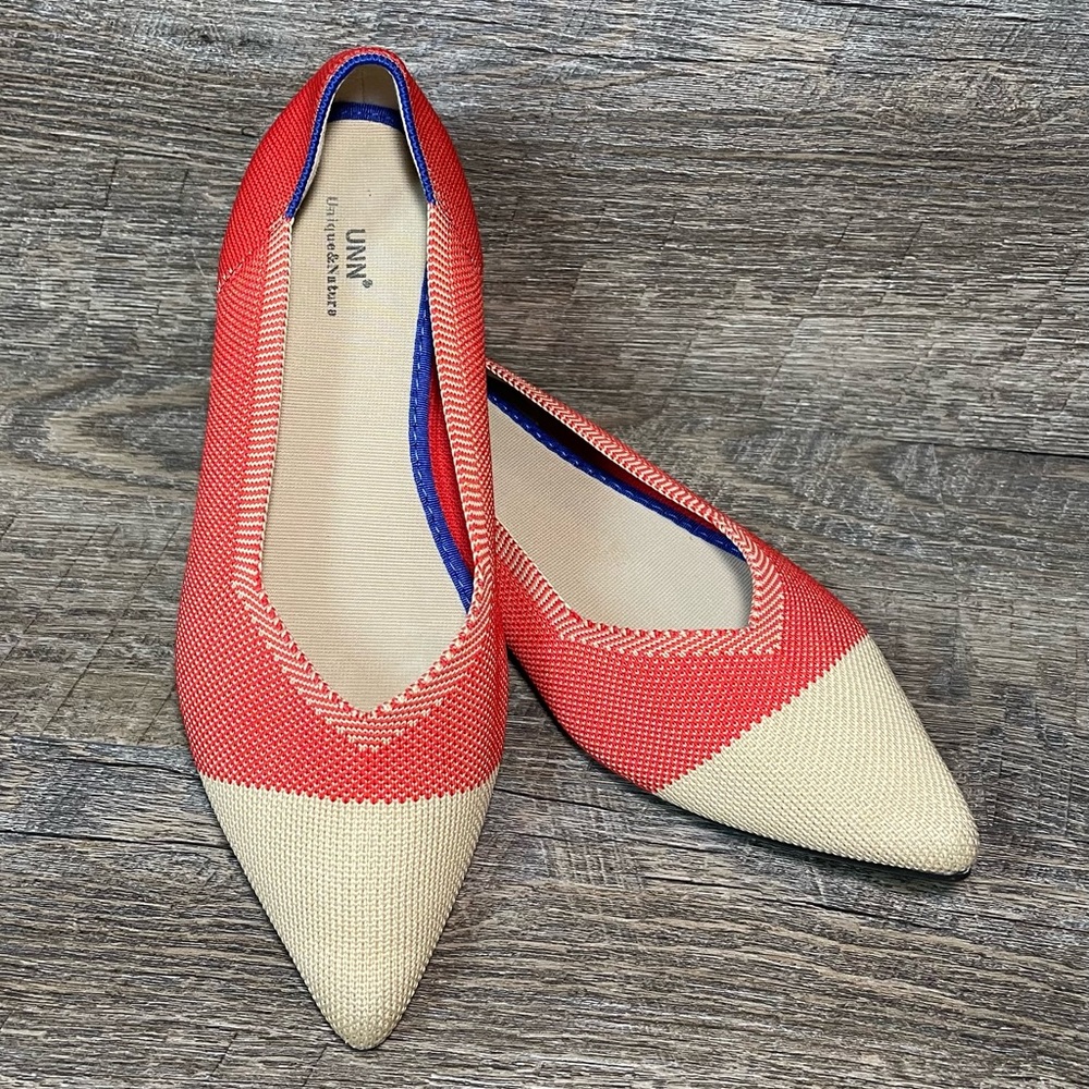 UNN~Unique & Nature~EU 37 US 6~Colorblock Knit Flats Pointed Toe Tan Red Slip On